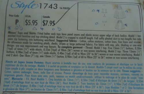 STYLE PATTERN 1743 TOPS-SKIRTS SIZE A=6-16 COMPLETE