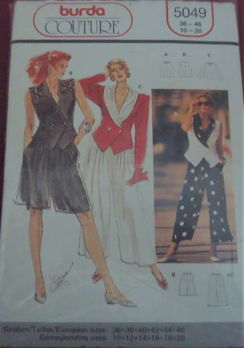BURDA COUTURE 5049 DOUBLE BREASTED TOP-SHORTS-PANTS SIZE 10 - 20 COMPLETE