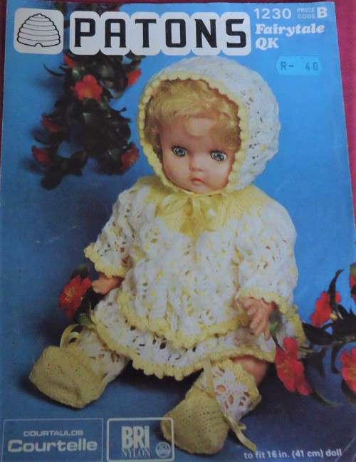 PATONS #1230  LACY PRETTINESS FOR BABY DOLL-DRESS-COAT-PANTIES-BONNET-BOOTEES TO FIT 16"/41 CM DOLLS