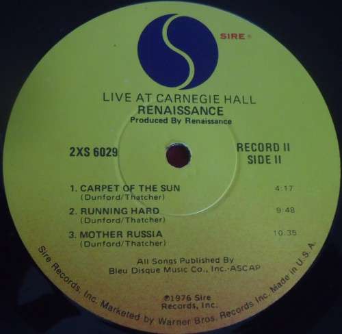 RENAISSANCE - LIVE AT CARNEGIE HALL-USA ISSUE 1983 SIRE DOUBLE VINYL GATEFOLD LP SET - 2XS 6029