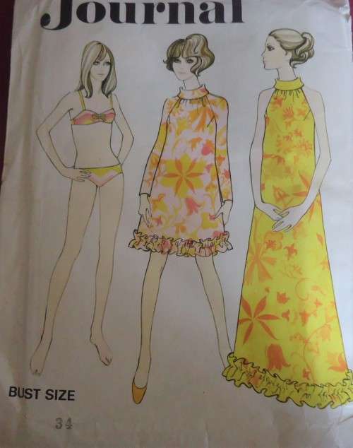 VINTAGE "WOMAN'S JOURNAL"  PATTERN 649 BIKINI-COLLARED DRESS BUST 34" COMPLETE-UNCUT-FACORY FOLDED