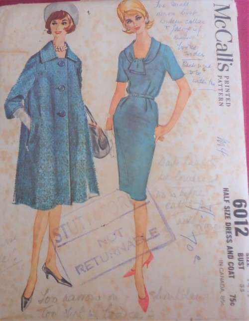 VINTAGE McCALL'S PATTERN 6012  LADIES DRESS & COAT SIZE 14 1/2 BUST 35"  COMPLETE