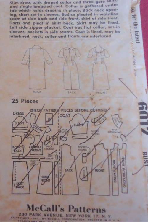 VINTAGE McCALL'S PATTERN 6012  LADIES DRESS & COAT SIZE 14 1/2 BUST 35"  COMPLETE