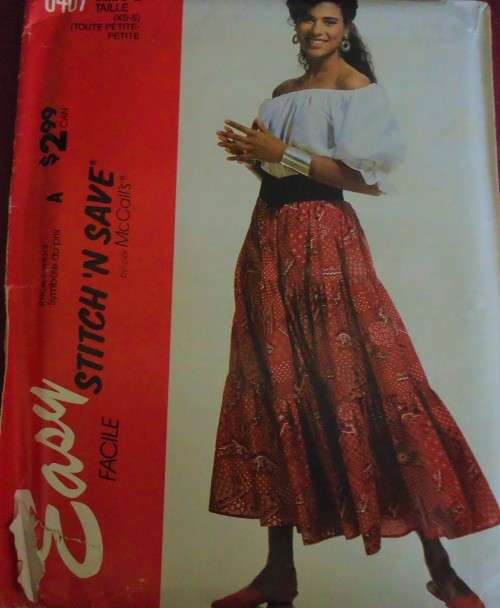 McCALL'S PATTERN 6487 PEASANT SKIRT & BLOUSE SIZE A=XS-S (6-8) COMPLETE-UNCUT-F/FOLDED