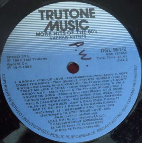 MORE HITS OF THE SIXTIES 2 -1988 DOUBLE TRUTONE VINYL LP SET - DGL 951/2