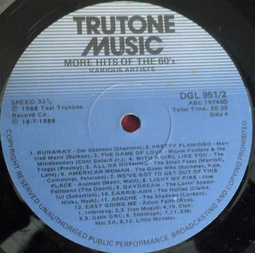 MORE HITS OF THE SIXTIES 2 -1988 DOUBLE TRUTONE VINYL LP SET - DGL 951/2