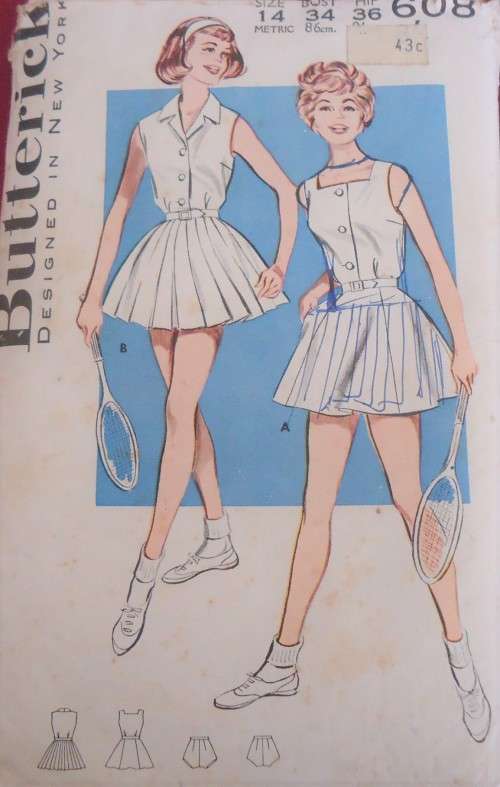 VINTAGE BUTTERICK 608-TENNIS DRESS SIZE 14 BUST 34" COMPLETE