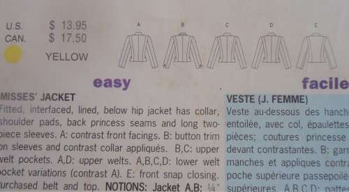 BUTTERICK 3259-JACKET SIZE 12-14-16 COMPLETE