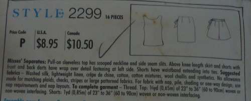 STYLE 2299 PULL ON SLEEVELESS TOP-SKIRT-SHORTS SIZE A =8 - 18 COMPLETE