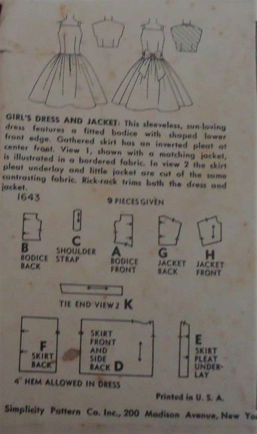 V/VINTAGE SIMPLICITY 1643 GIRLS DRESS & JACKET SIZE 12 YEARS  COMPLETE