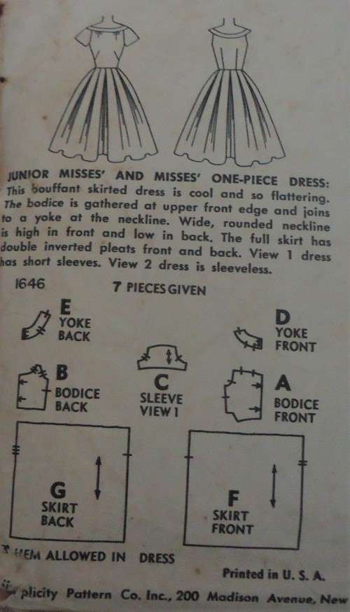 V/VINTAGE SIMPLICITY 1646 ONE PIECE DRESS SIZE 18 BUST 36^  COMPLETE