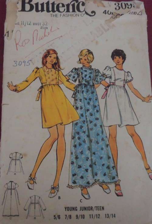 BUTTERICK 3095 -TEEN DRESS WITH TIEBACK SIZE 11/12 JUNIOR BUST 32" COMPLETE