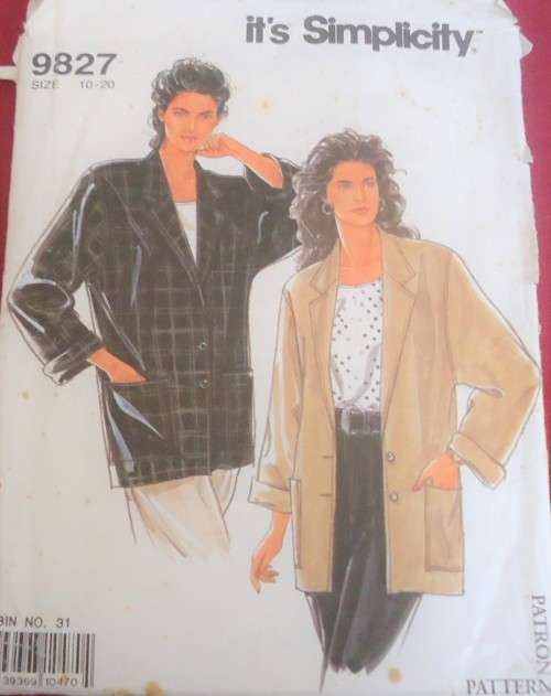 SIMPLICITY PATTERNS 9827 UNLINED JACKET SIZE 10-20 COMPLETE
