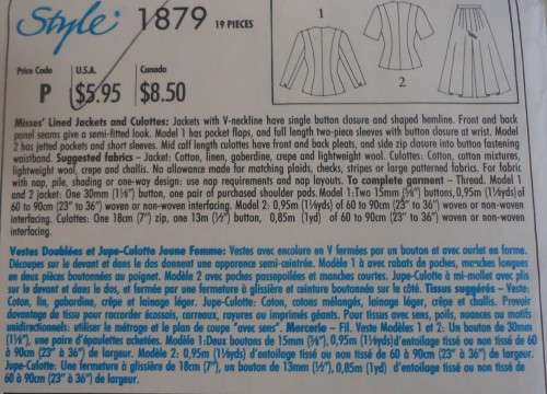 STYLE PATTERNS 1879 LINED JACKETS & CULOTTES SIZE A 6 - 18 SEE LISTING