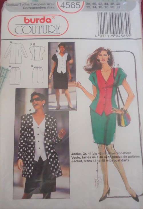BURDA 4565 LOOSE JACKET-TOP-SKIRT SIZE 12-14-16-18-20-22 COMPLETE