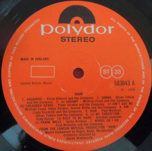 HAIR - SOUNDTRACK -UK ISSUE 1968 POLYDOR VINYL LP  583043