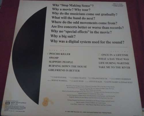 TALKING HEADS - STOP MAKING SENSE- 1984 EMI VINYL LP-EMCJ (L) 5338 WITH INNER SLEEVE