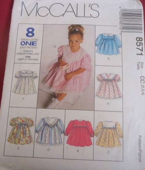 McCALL'S 8571 TODDLER'S DRESS - 8 GREAT LOOKS SIZE CC=2 + 3 + 4 YEARS COMPLETE