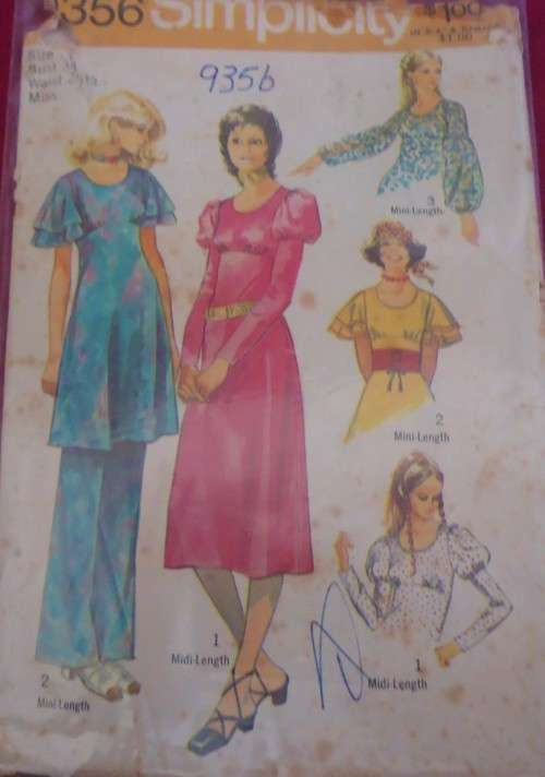 SIMPLICITY 9356  DRESS/TOP WITH SLEEVE INTEREST-PANTS  SIZE BUST 34" WAIST 25 1/2" COMPLETE-ZIPLOC