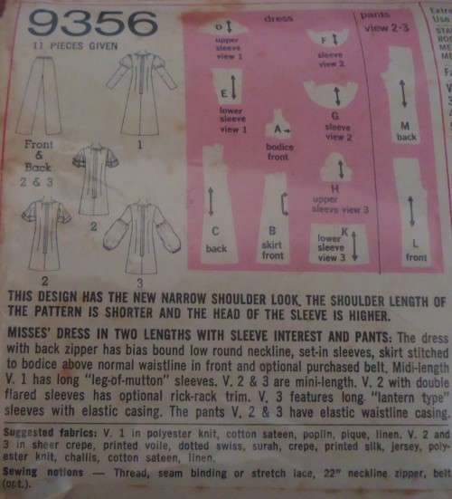 SIMPLICITY 9356  DRESS/TOP WITH SLEEVE INTEREST-PANTS  SIZE BUST 34" WAIST 25 1/2" COMPLETE-ZIPLOC