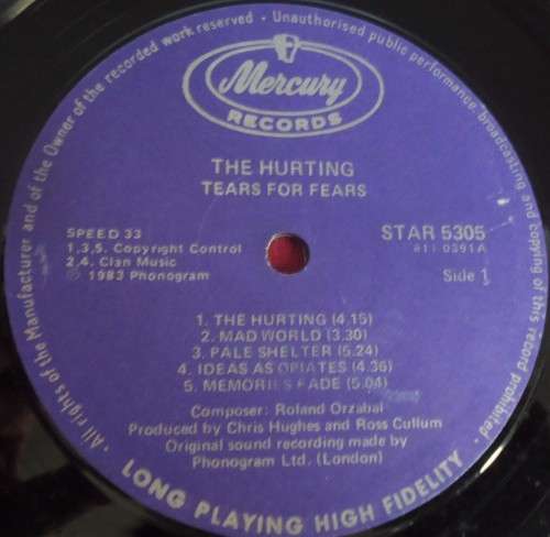 TEARS FOR FEARS - THE HURTING  - 1983 MERCURY VINYL LP - STAR 5305 WITH INNER SLEEVE