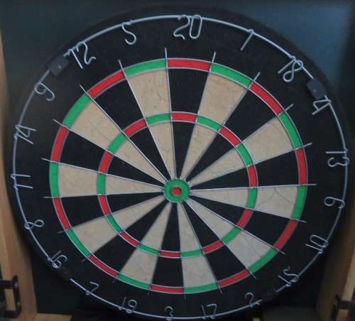 PROMASTER OAK FINISH CABINET-DART BOARD-SCORESHEETS- BOARD CLEANER- 6 DARTS