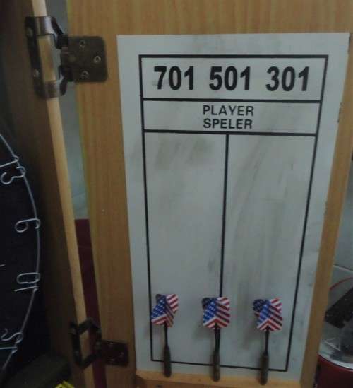 PROMASTER OAK FINISH CABINET-DART BOARD-SCORESHEETS- BOARD CLEANER- 6 DARTS