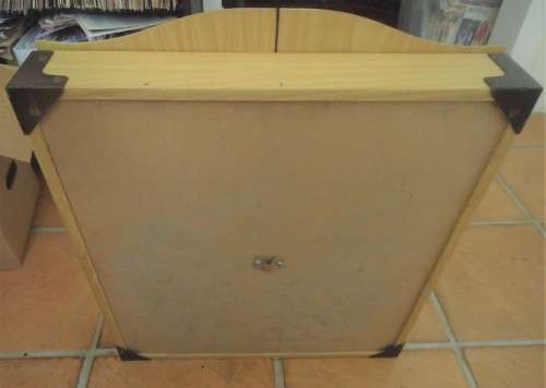 PROMASTER OAK FINISH CABINET-DART BOARD-SCORESHEETS- BOARD CLEANER- 6 DARTS