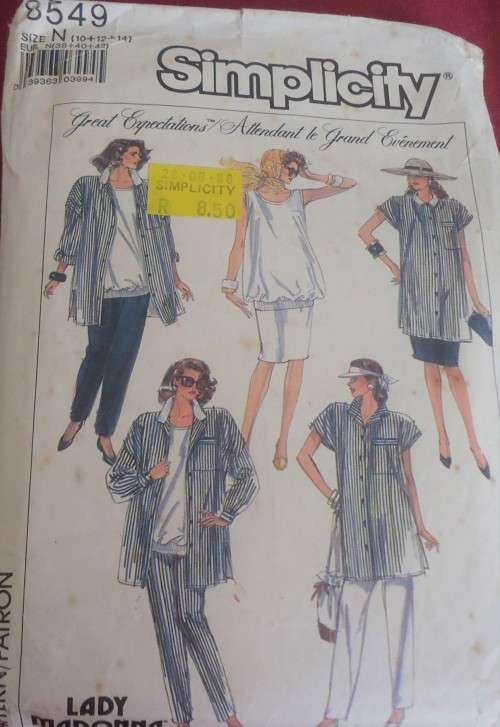 SIMPLICITY 8549 MATERNITY TUNIC-PULL ON SKIRT-PANTS-PULLOVER-TOP SIZE N=10-12-14 SEE LISTING