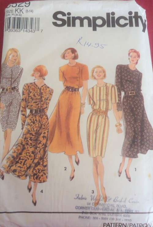 SIMPLICITY 8529 DRESS WITH SLIM OR FLARES SKIRT SIZE KK = 8 - 14 COMPLETE