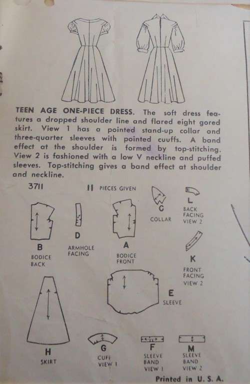 VINTAGE SIMPLICITY 3711  TEEN 1 PIECE DRESS SIZE16 BUST 34" COMPLETE