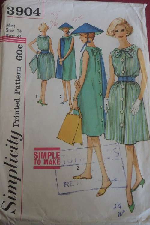 VINTAGE SIMPLICITY 3904  ONE PIECE TURNABOUT DRESS & HAT SIZE 14 BUST 34" COMPLETE- ZIPLOC