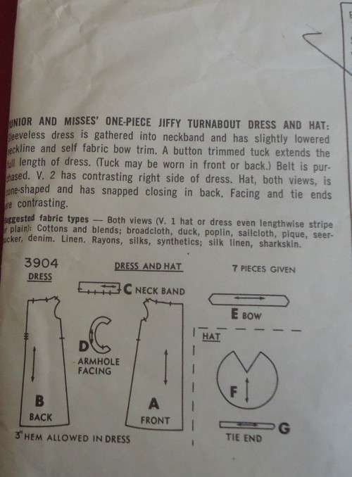 VINTAGE SIMPLICITY 3904  ONE PIECE TURNABOUT DRESS & HAT SIZE 14 BUST 34" COMPLETE- ZIPLOC