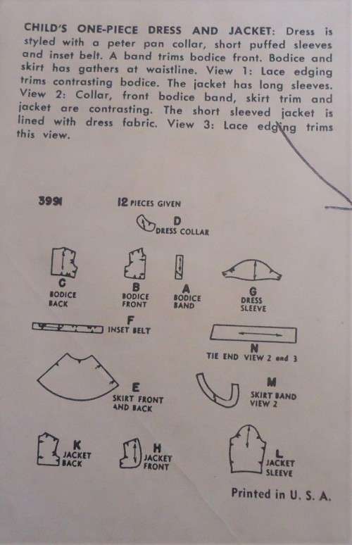 VINTAGE SIMPLICITY 3991  GIRL DRESS & JACKET SIZE 5 YEARS COMPLETE - ZIPLOC BAG
