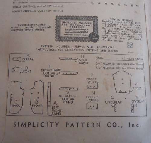 VINTAGE SIMPLICITY 4138  MEN'S SHIRT SIZE 16 COMPLETE IN ZIPLOC BAG