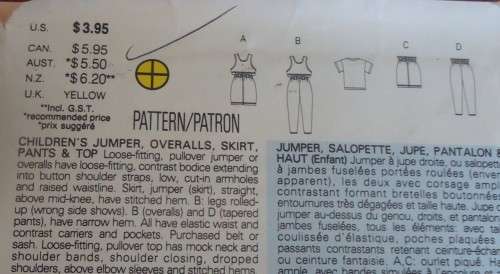 BUTTERICK 3788 KIDS' FUNWEAR-JUMPER-COVERALL-SKIRT-PANTS-TOP  SIZE 2-3-4 YEARS COMPLETE