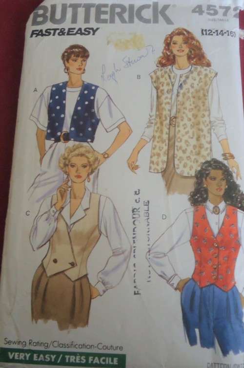 BUTTERICK 4572 SET OF WAISTCOATS SIZE 12-14-16 COMPLETE