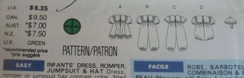 BUTTERICK 5281 INFANTS-DRESS-ROMPER-JUMPSUIT-HAT SIZE NEWBORN-S-M COMPLETE