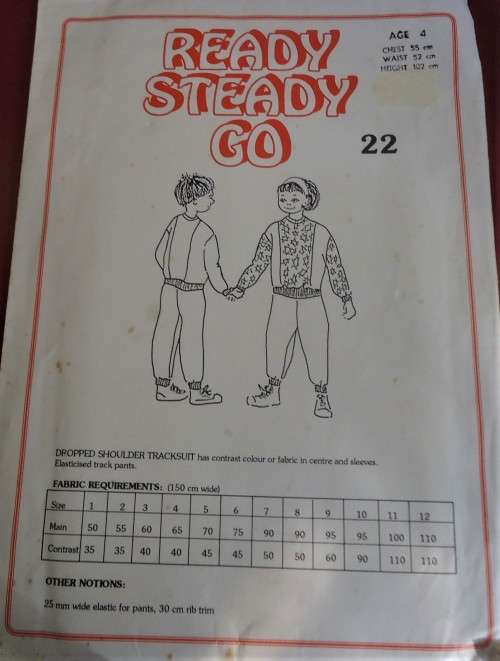 READY-STEADY-GO PATTERN-22  DROPPED SHOULDER TRACKSUIT AGE 8 YRS  CHEST 63 CM