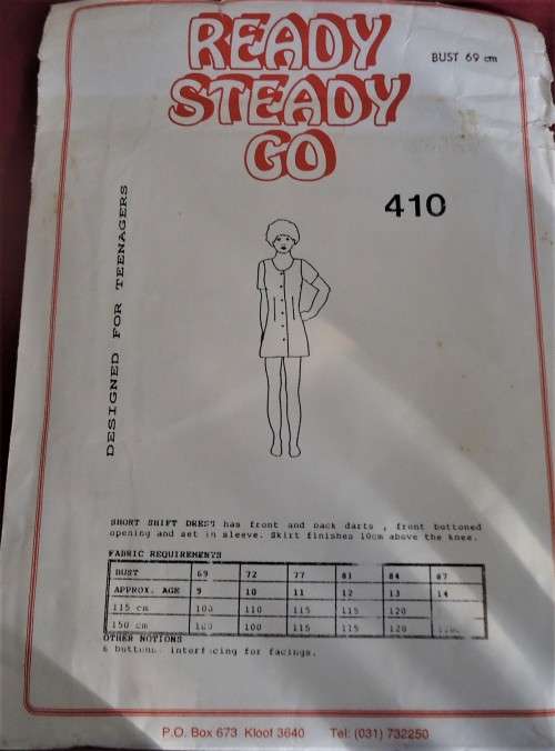 READY-STEADY-GO PATTERN-# 410 SHORT SHIFT DRESS SIZE BUST 69 CM