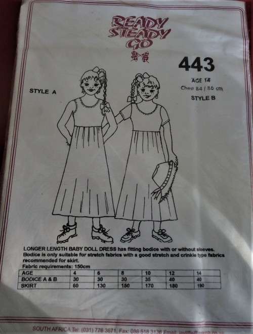 READY-STEADY-GO PATTERN-NUMBER 443 LONGER LENGTH BABY DOLL DRESS SIZE 14 YEARS CHEST 84/86 CM