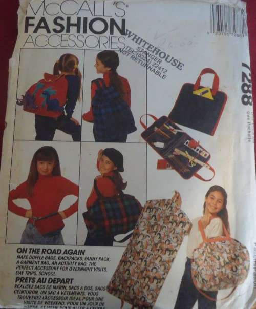 McCALLS FASHION 7288 - DUFFLE BAG-BACK PACK- PACK-GARMENT BAG-TOTE ONE SIZE COMPLETE-UNCUT-F/FOLDED