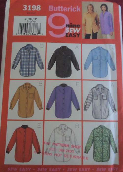 BUTTERICK 3198 LADIES SHIRTS SIZE  8 - 10 - 12 COMPLETE