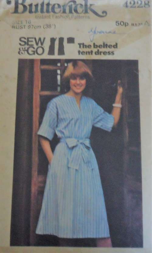 BUTTERICK 4228 BELTED TENT DRESS SIZE 16 BUST 97 CM /38`  COMPLETE-UNCUT-F/FOLDED