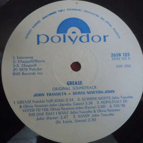 GREASE - SOUNDTRACK -RHODESIAN ISSUE 1978 POLYDOR VINYL LP-2658 125 WITH WHITE RECORD LABELS