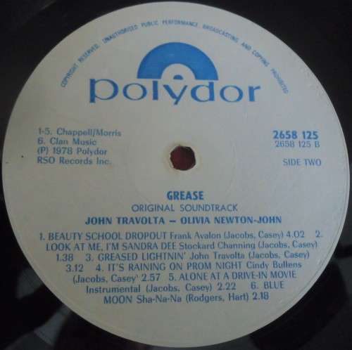 GREASE - SOUNDTRACK -RHODESIAN ISSUE 1978 POLYDOR VINYL LP-2658 125 WITH WHITE RECORD LABELS