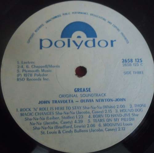 GREASE - SOUNDTRACK -RHODESIAN ISSUE 1978 POLYDOR VINYL LP-2658 125 WITH WHITE RECORD LABELS