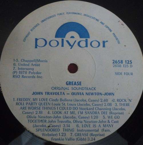 GREASE - SOUNDTRACK -RHODESIAN ISSUE 1978 POLYDOR VINYL LP-2658 125 WITH WHITE RECORD LABELS