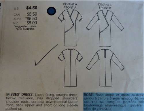 VOGUE 8972  LOOSE FITTING DRESS WITH ASYMETICAL BOTTON FRONT SIZE 10 COMPLETE