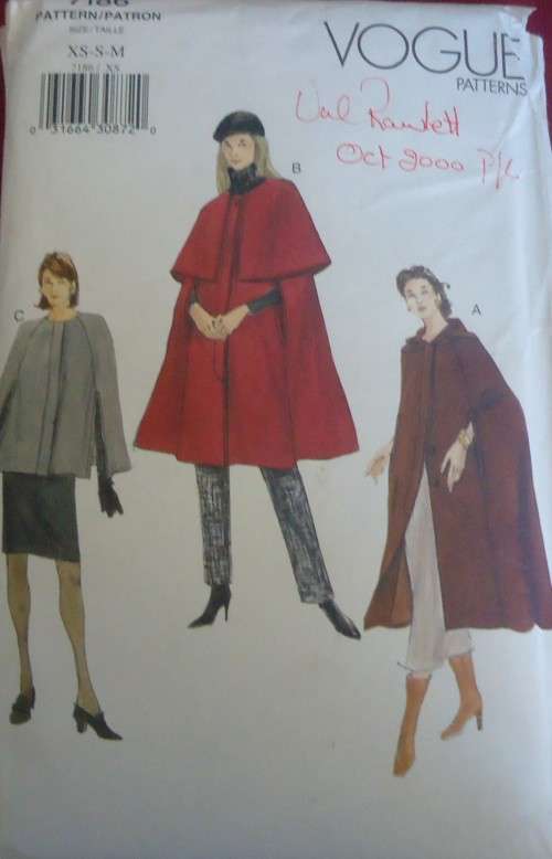 VOGUE 7186 CAPE SIZE XS-S-M (6 - 14) COMPLETE-UNCUT-F/FOLDED
